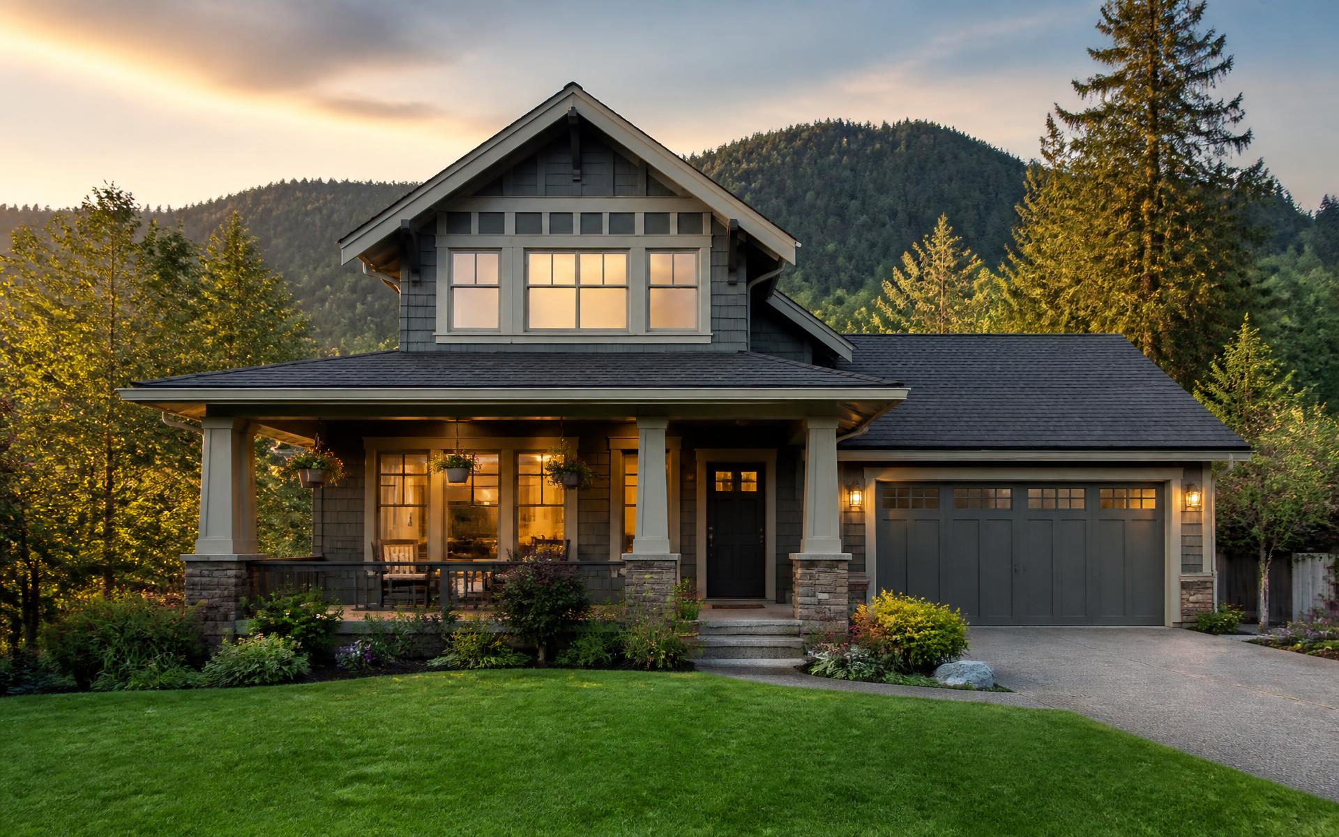 Well-maintained Pacific Northwest craftsman home with a freshly mowed lawn near Eugene, Oregon