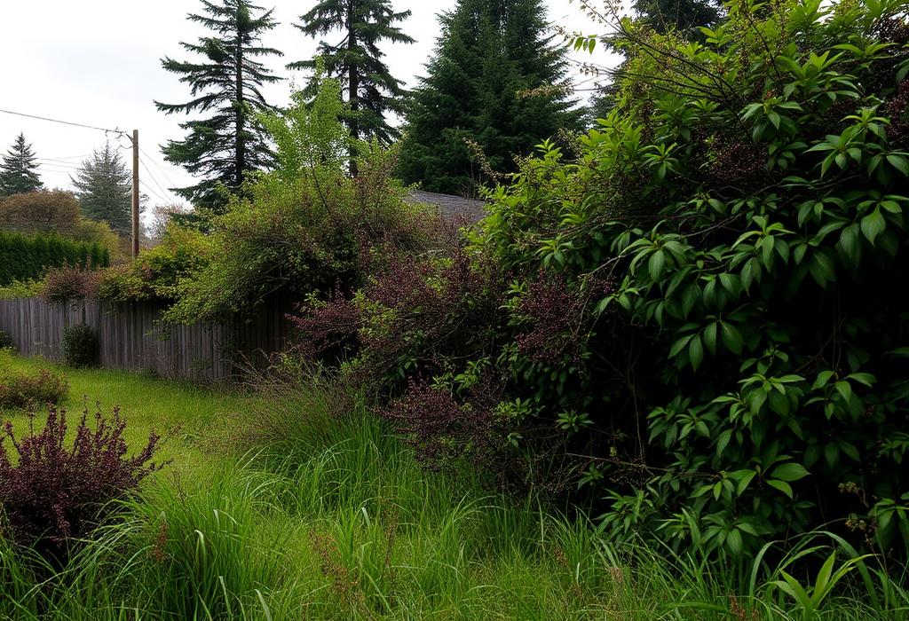 Overgrown Oregon back yard with tall grass and heavy blackberry brush