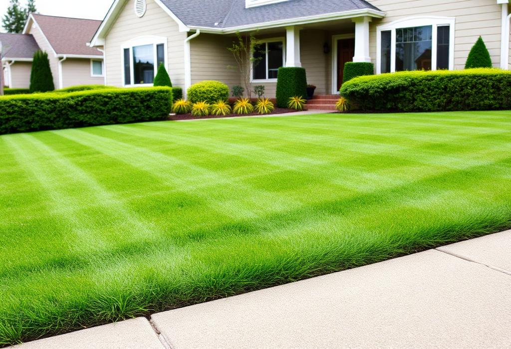 Freshly mowed and edged front lawn at an Oregon home